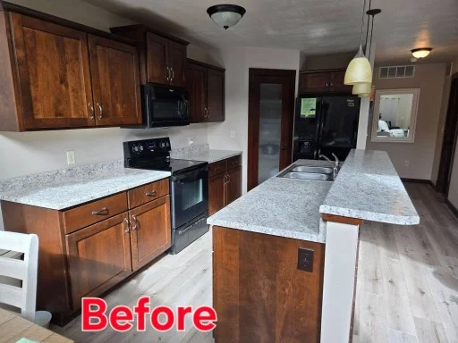 Kitchen Remodeling Temecula – Before Countertop Installation Old Granite Dark Cabinets
