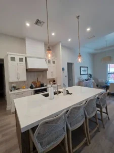 Kitchen Lighting Installation Temecula CA – Recessed LED Cans and Pendant Lights Over Quartz Island